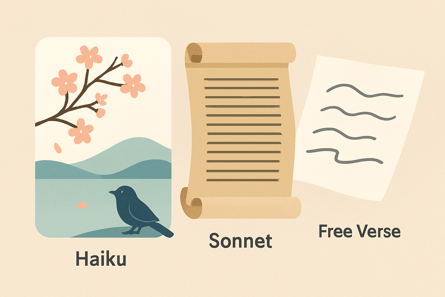 Visual representation showcasing different poetic forms from short haiku to structured sonnet to free verse, highlighting diversity in poem lengths and completeness.