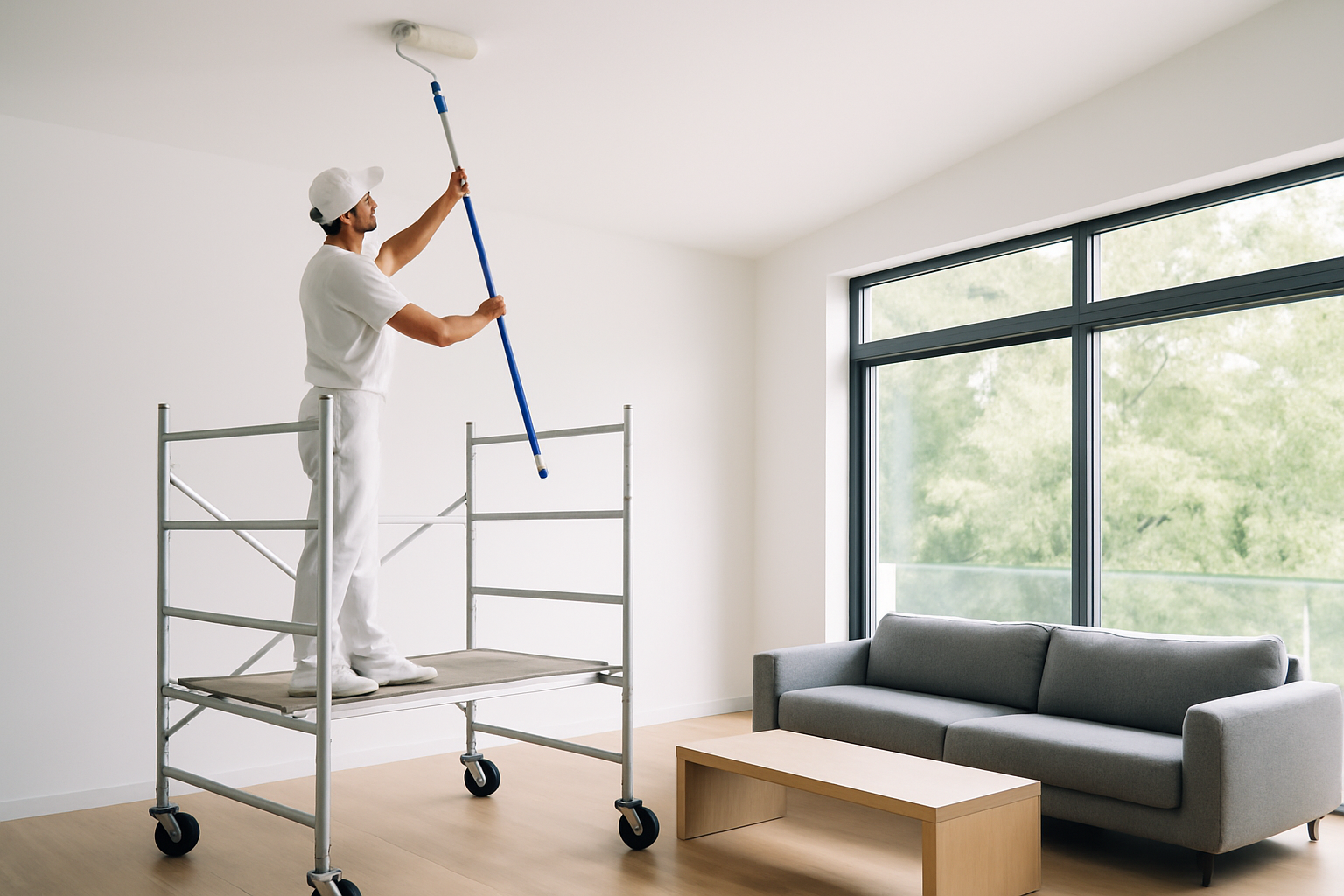 Illustration of safe, efficient painting techniques with professional tools for high ceilings in a contemporary interior.