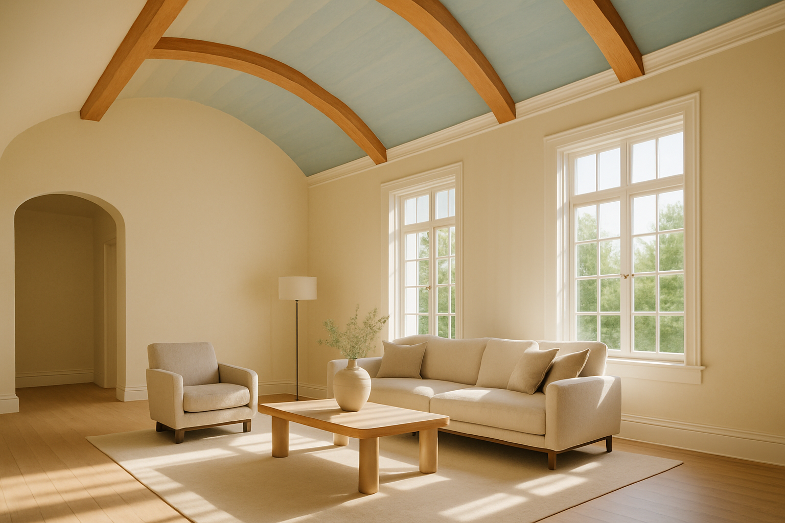 A sophisticated living space showcasing gradient and accent ceiling painting techniques that amplify the perception of openness and architectural detail.