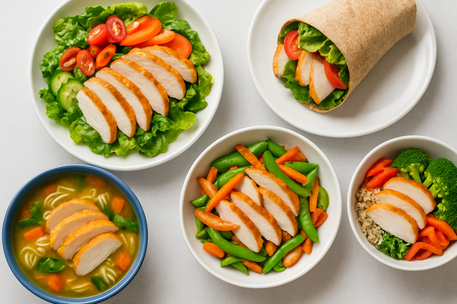 A colorful display of quick meals made with sliced rotisserie chicken, showcasing salads, wraps, stir-fries, soups, and grain bowls.