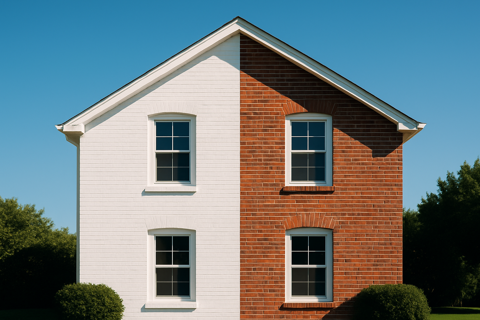 Side-by-side comparison of painted brick versus natural brick house exterior showcasing the aesthetic differences