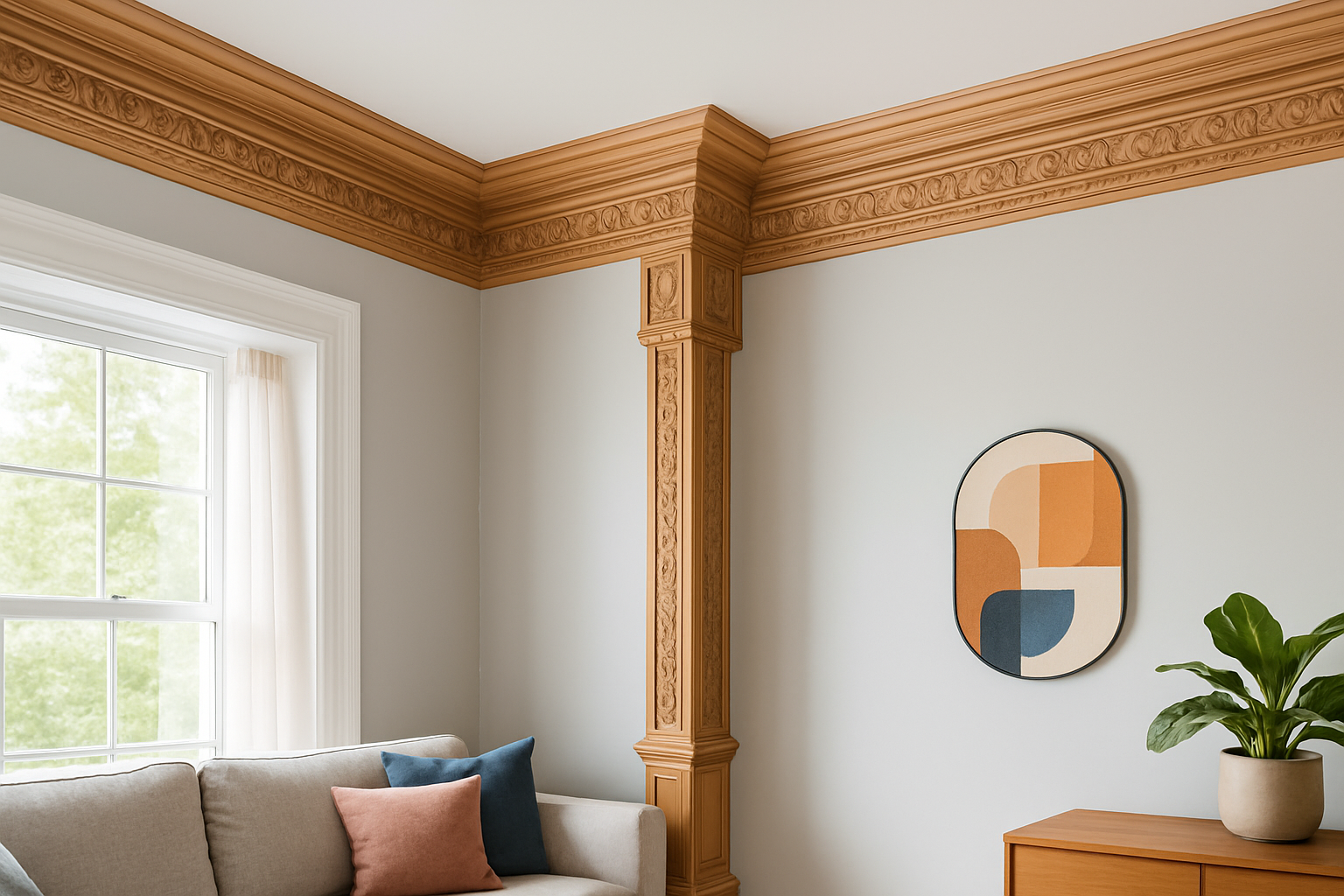 Freshly installed hardwood crown molding showcasing precise cuts and elegant design in a large living room.