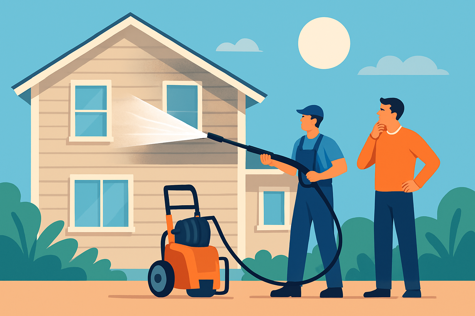 A professional pressure washing a two-story home exterior, demonstrating equipment and technique