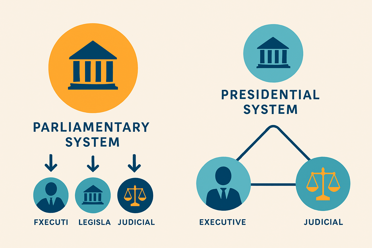 Diagram illustrating the structural and functional differences between fusion of powers and separation of powers.