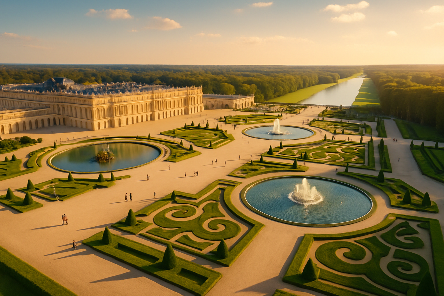 A stunning aerial view showcasing the grandeur of the Palace of Versailles and its magnificent gardens.