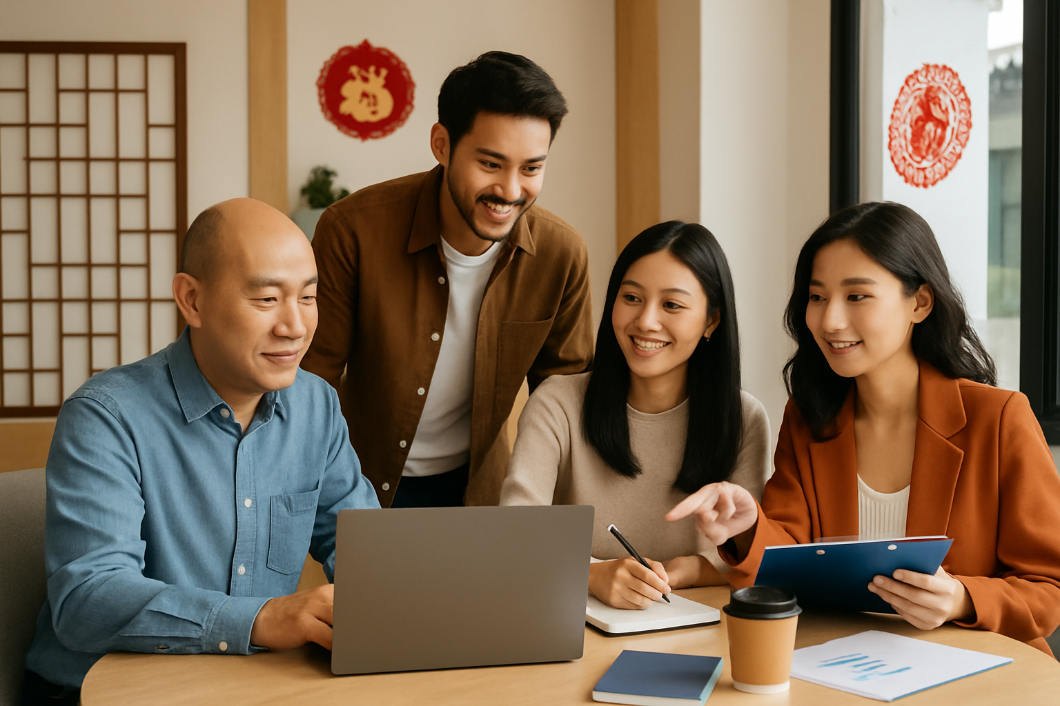 An Asian American magazine editorial team working together to produce culturally rich content