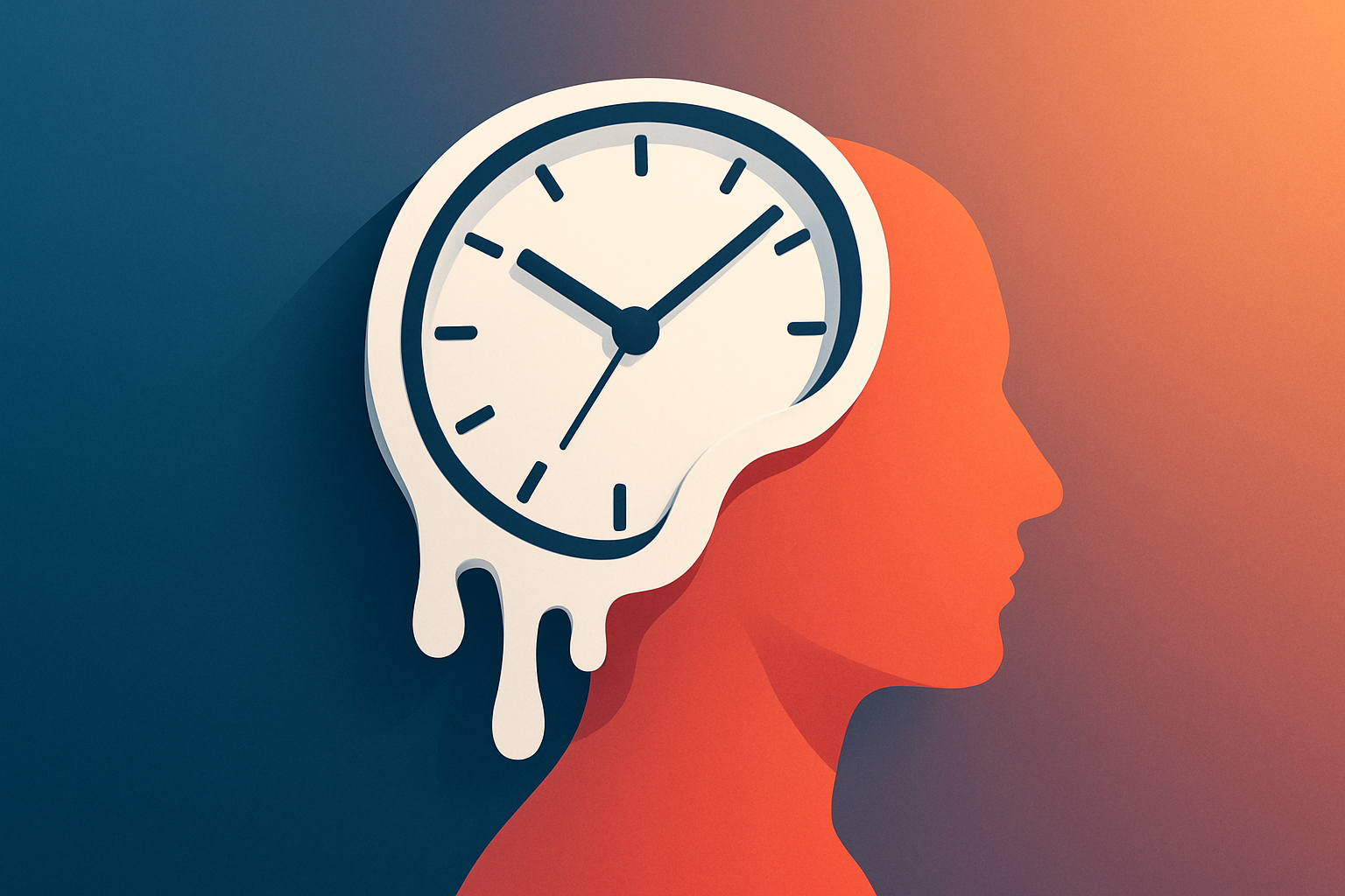 Visual representation of time perception blending with human consciousness to illustrate the five minute hypothesis.