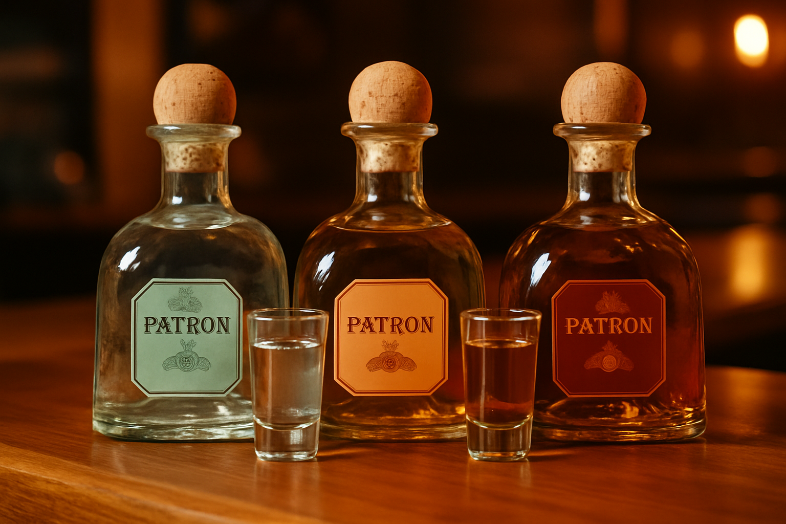 Various Patron tequila varieties displayed alongside poured shots ready for tasting
