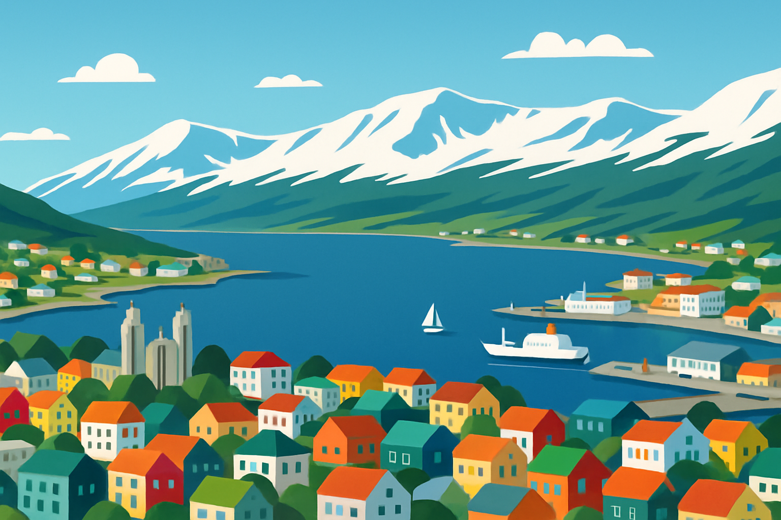 Panoramic view of Akureyri with fjord and mountains in the background