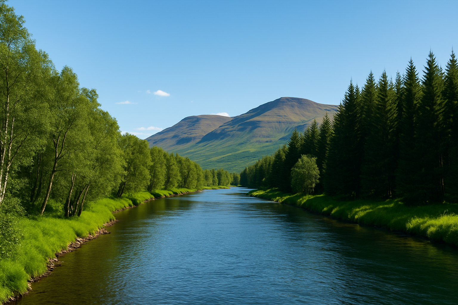 Scenic riverside view of Egilsstaðir with surrounding forests