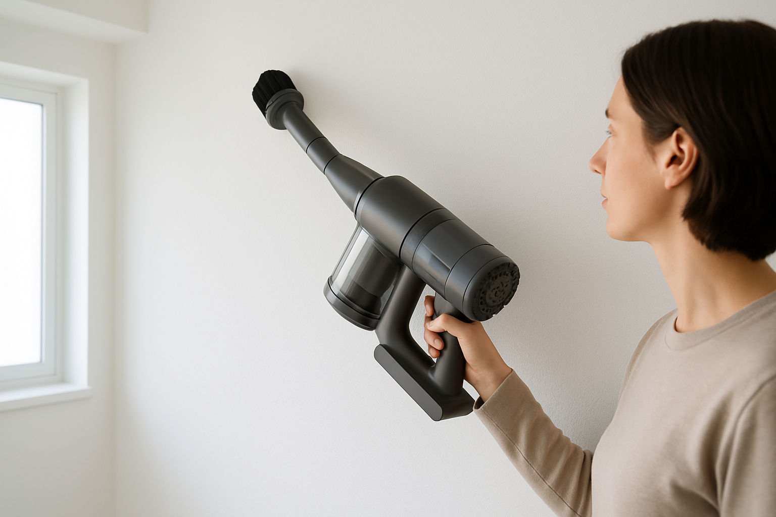 Gentle wall cleaning using a handheld vacuum with a soft brush attachment to protect painted surfaces.