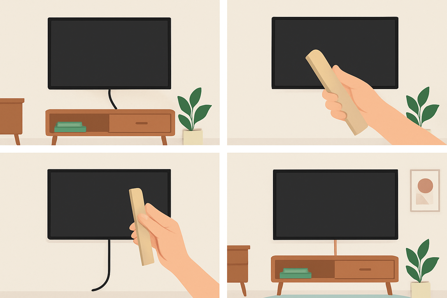 Visual guide showing the installation process of cord covers to hide TV cords along a wall.