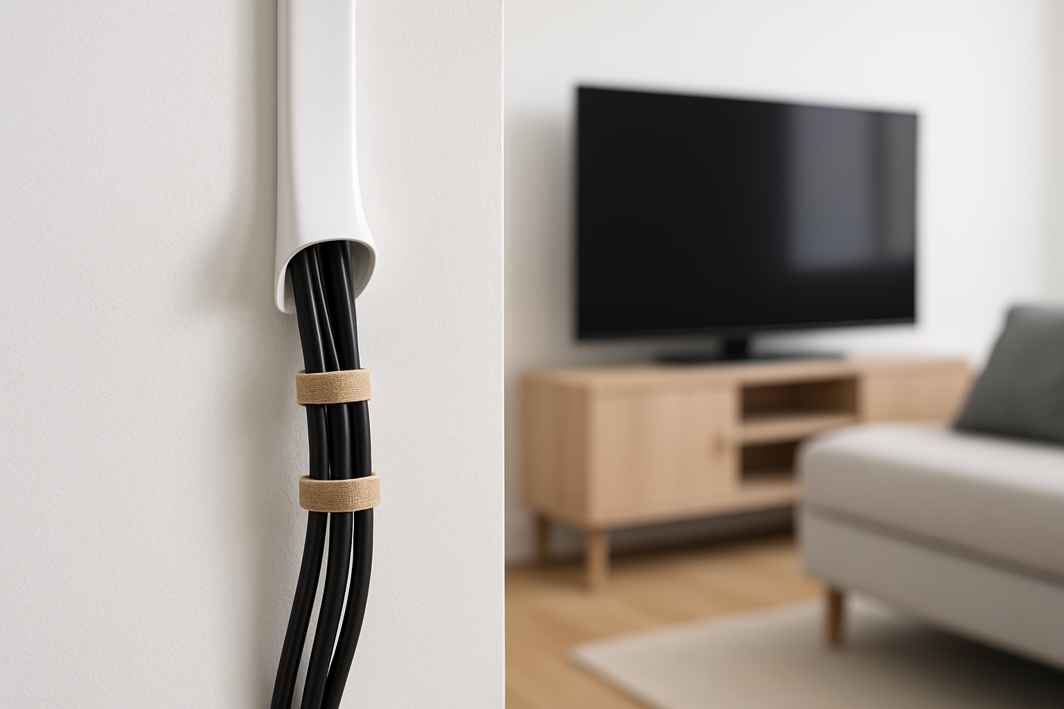 Well-organized TV cords secured within a cord cover, illustrating proper maintenance for a tidy setup.