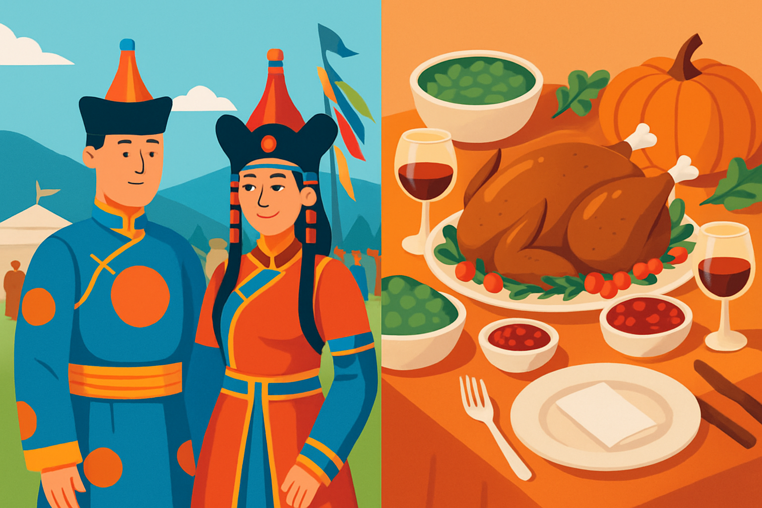 A cultural event in Mongolia where traditional attire and American-style Thanksgiving dishes coexist, illustrating globalization
