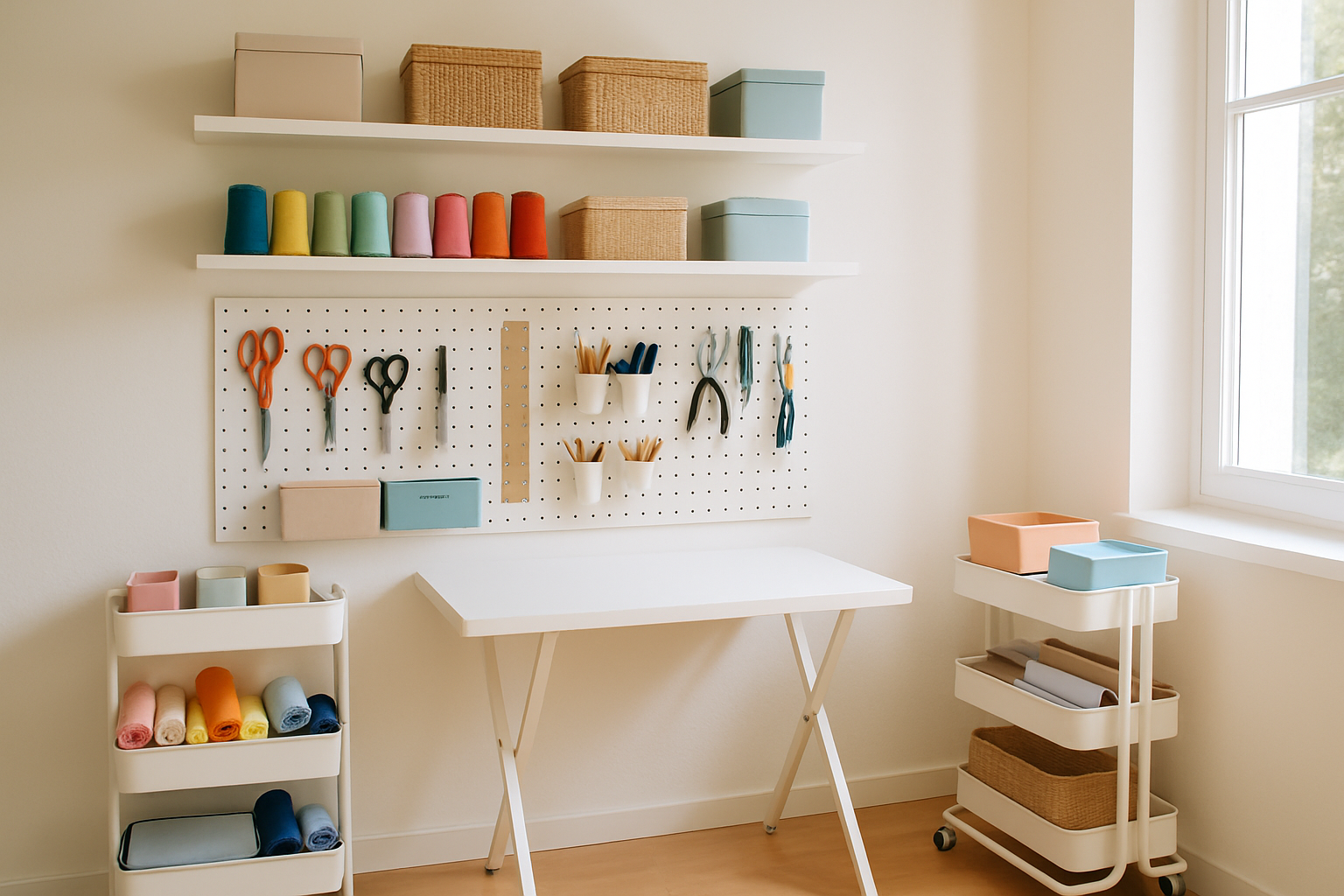 An efficiently organized small craft room featuring vertical storage, pegboards, and multifunctional furniture to optimize space.