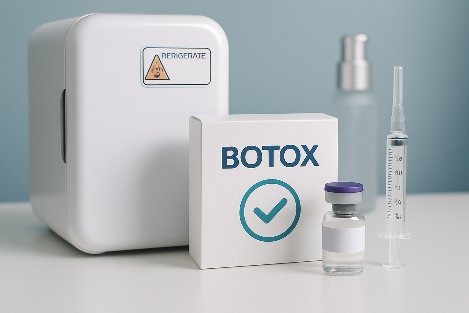 Properly stored botox kit with clear certification labels in a professional skincare environment