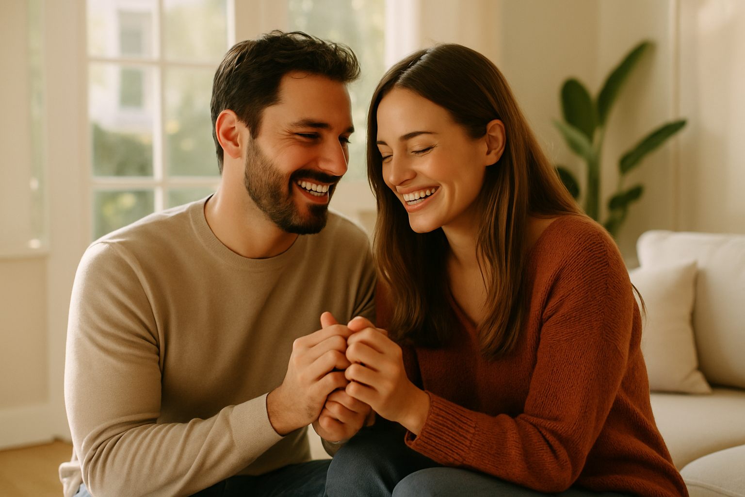 A couple displaying physical and emotional closeness through gentle touch and smiles, demonstrating mutual attraction.