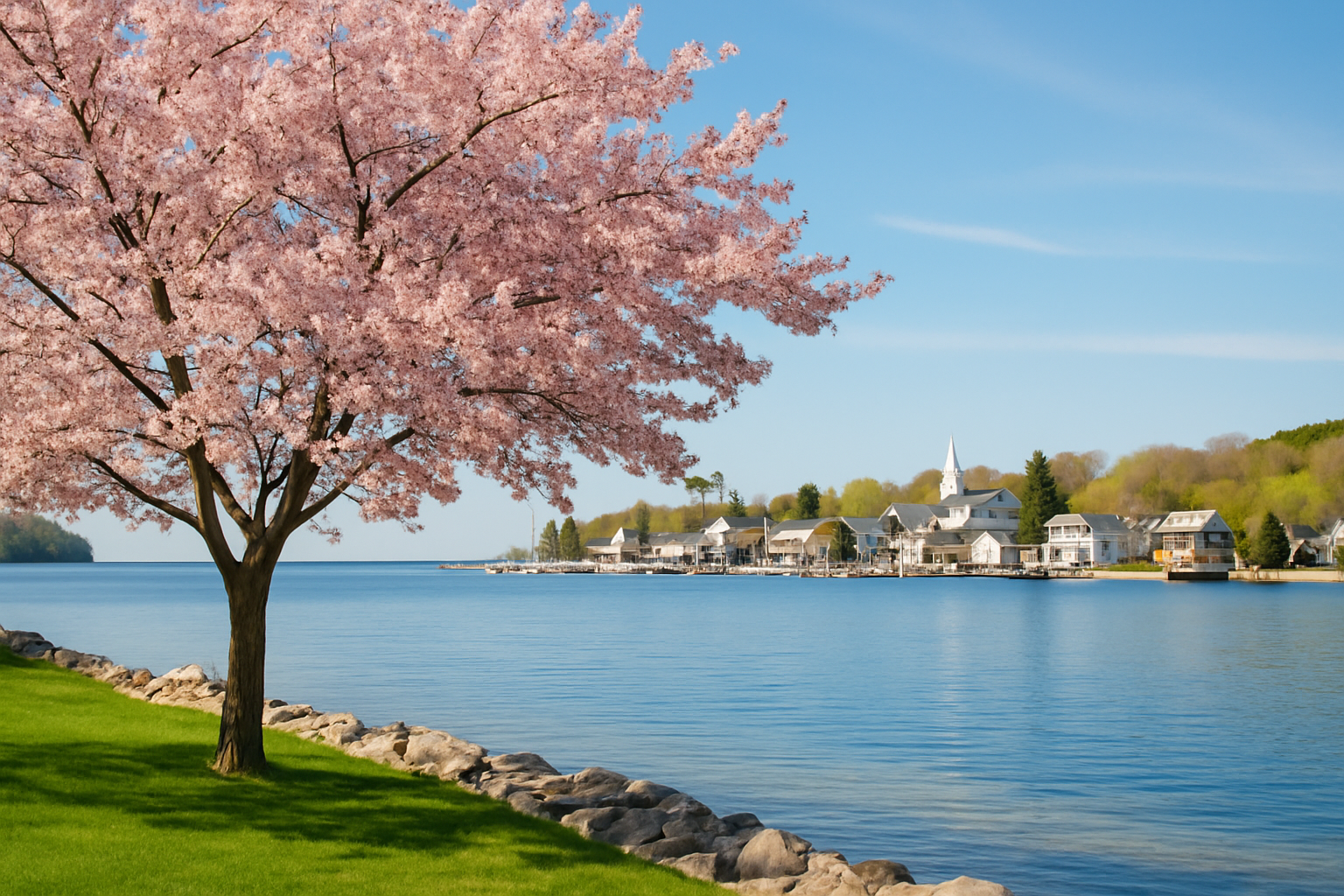 Cherry blossoms and tranquil waterfronts in Door County during May