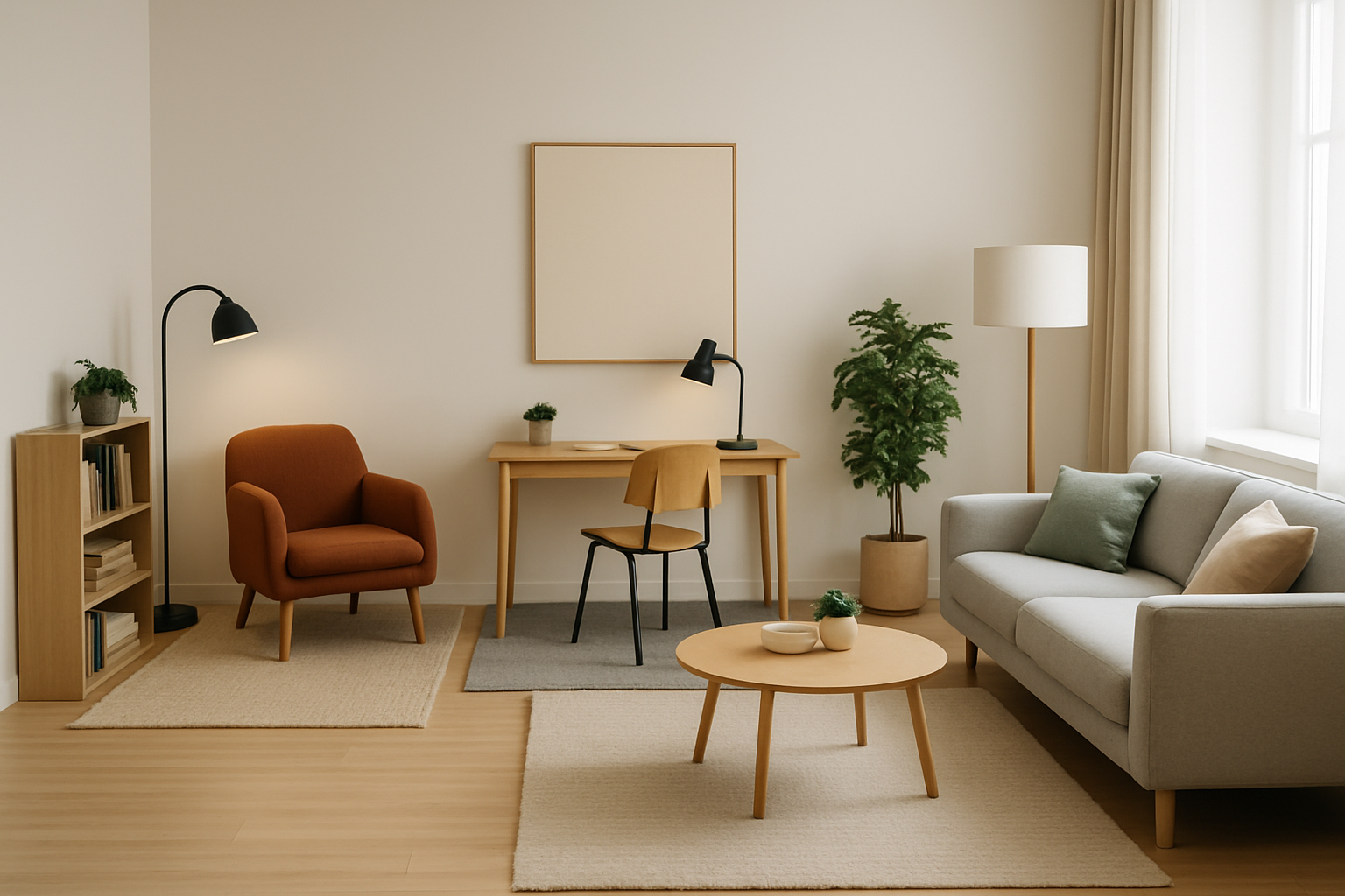 Illustration of functional zoning in a pass through living room using furniture placement, rugs, and lighting.