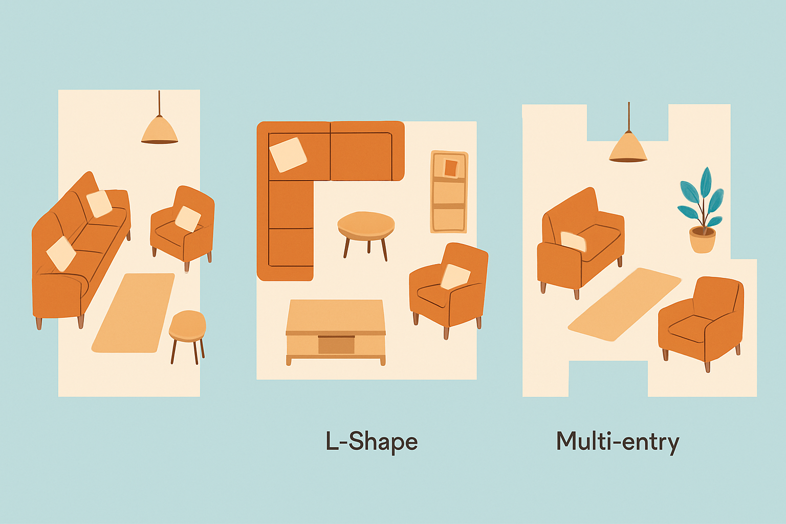 Illustration showcasing step-by-step furniture placement examples for common pass through living room layouts.