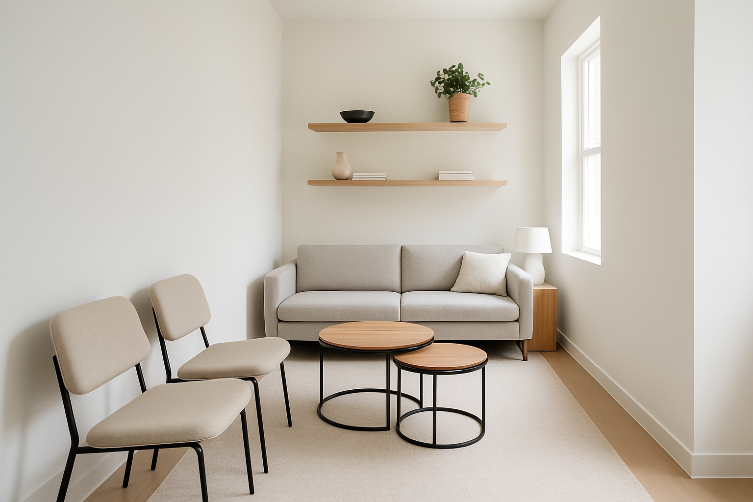 Example of furniture suited for pass through living rooms showcasing slim-profile and multi-functional pieces.