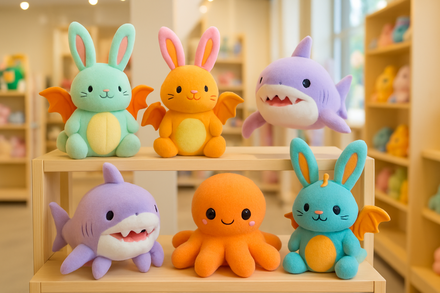 A selection of unusual hybrid stuffed animals showcasing imaginative blends like bunny-dragon and shark-octopus plushes.