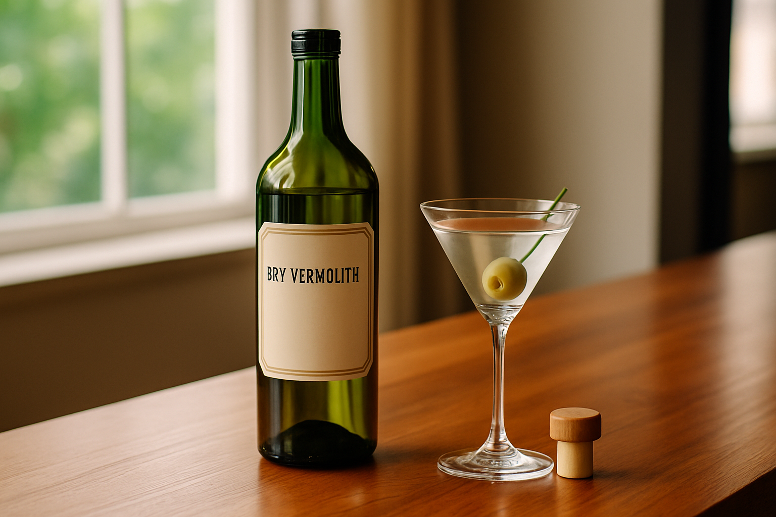A bottle of dry vermouth on a bar counter illustrating typical storage conditions.