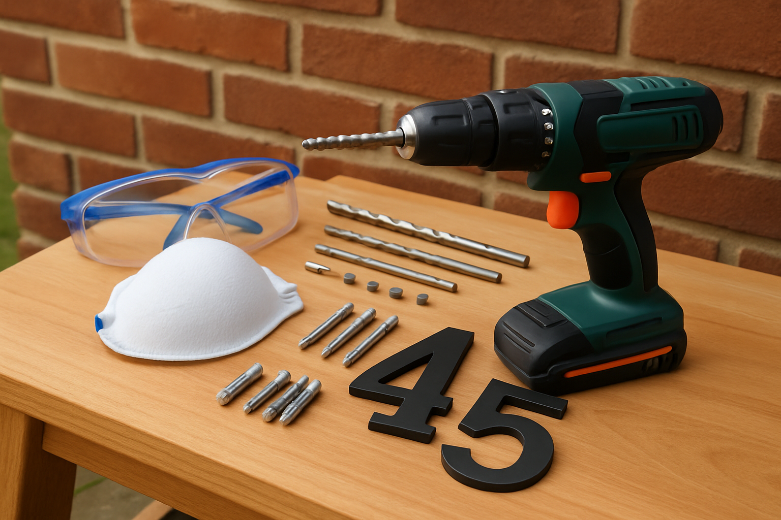 Essential tools and materials laid out for mounting house numbers on brick surfaces safely