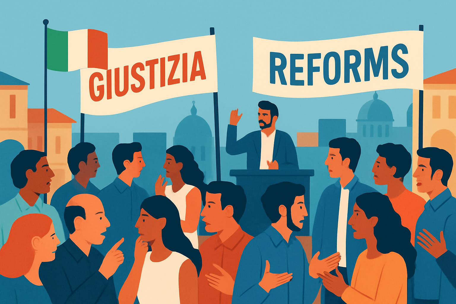 An image showing a political rally in Italy discussing justice reforms and the death penalty debate.