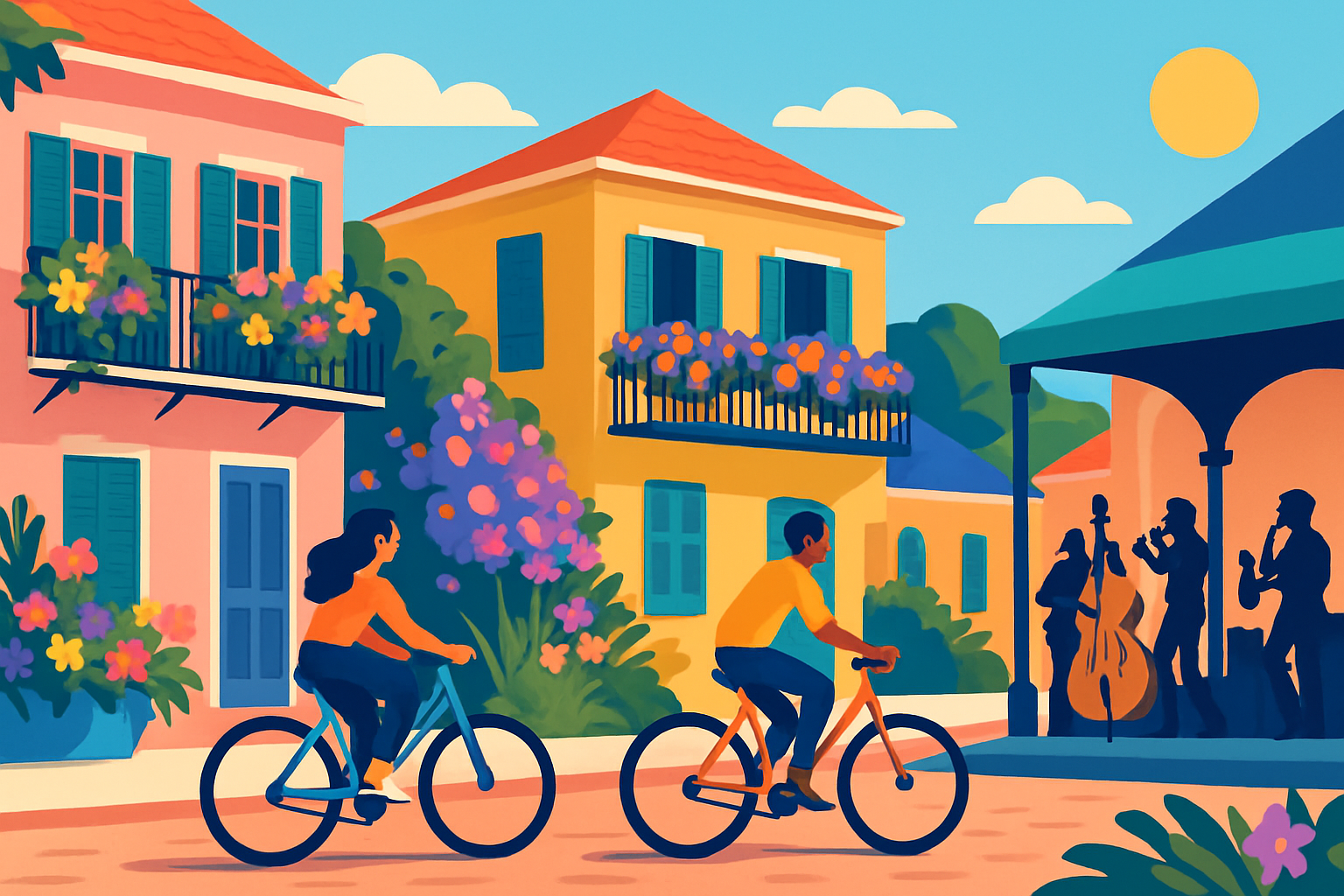Visitors enjoying biking and live music in New Orleans