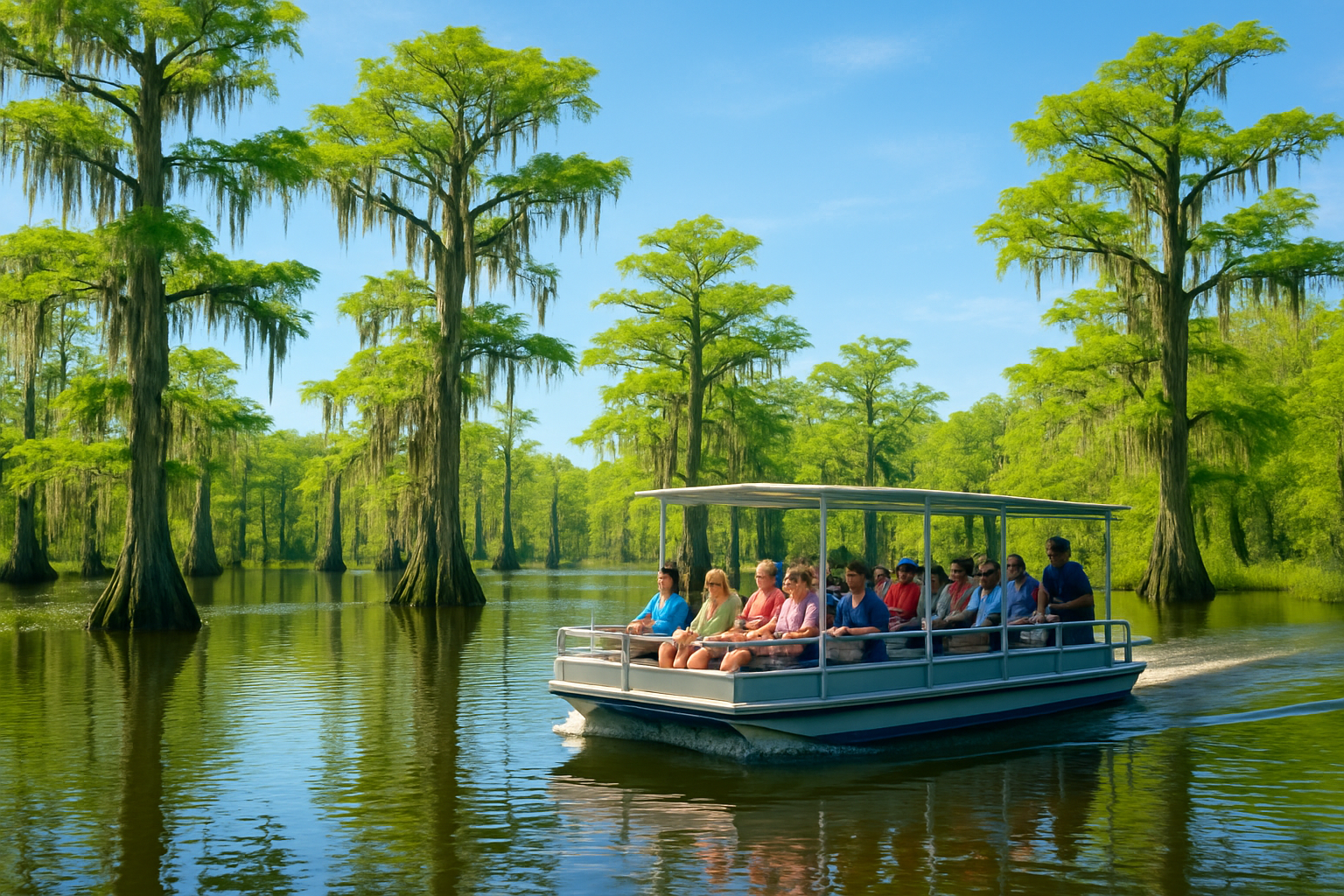 Visitors enjoying a boat tour through the lush Honey Island Swamp with abundant greenery and wildlife in May