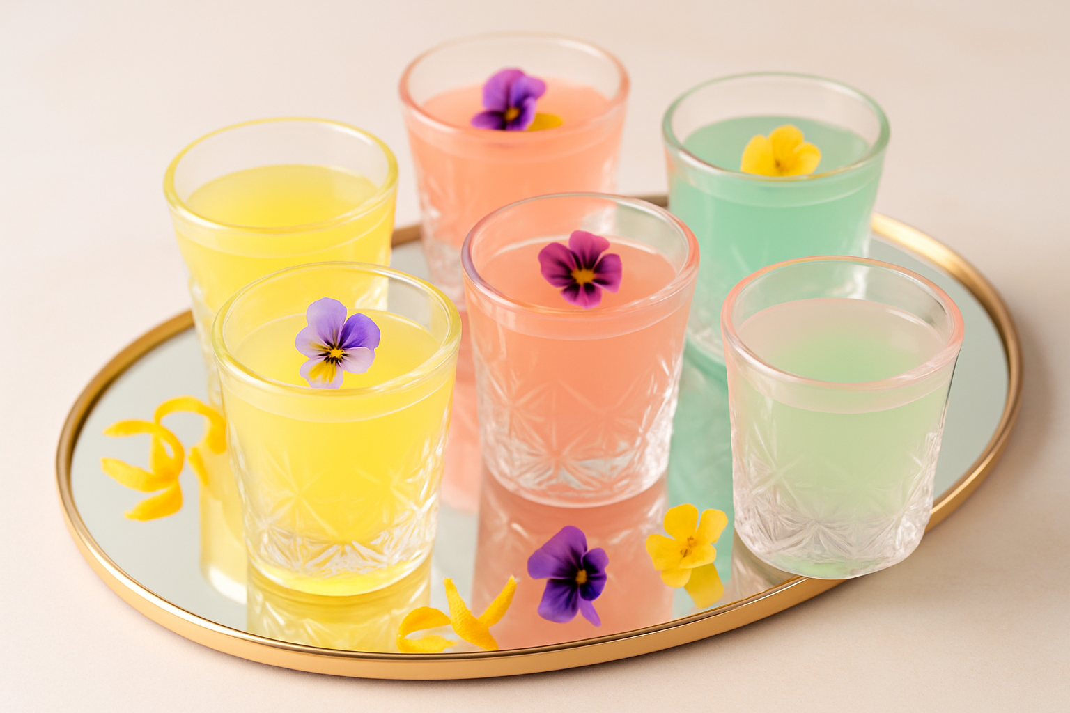 Elegant red carpet jello shots with pastel tint served in crystal glasses alongside delicate edible flowers