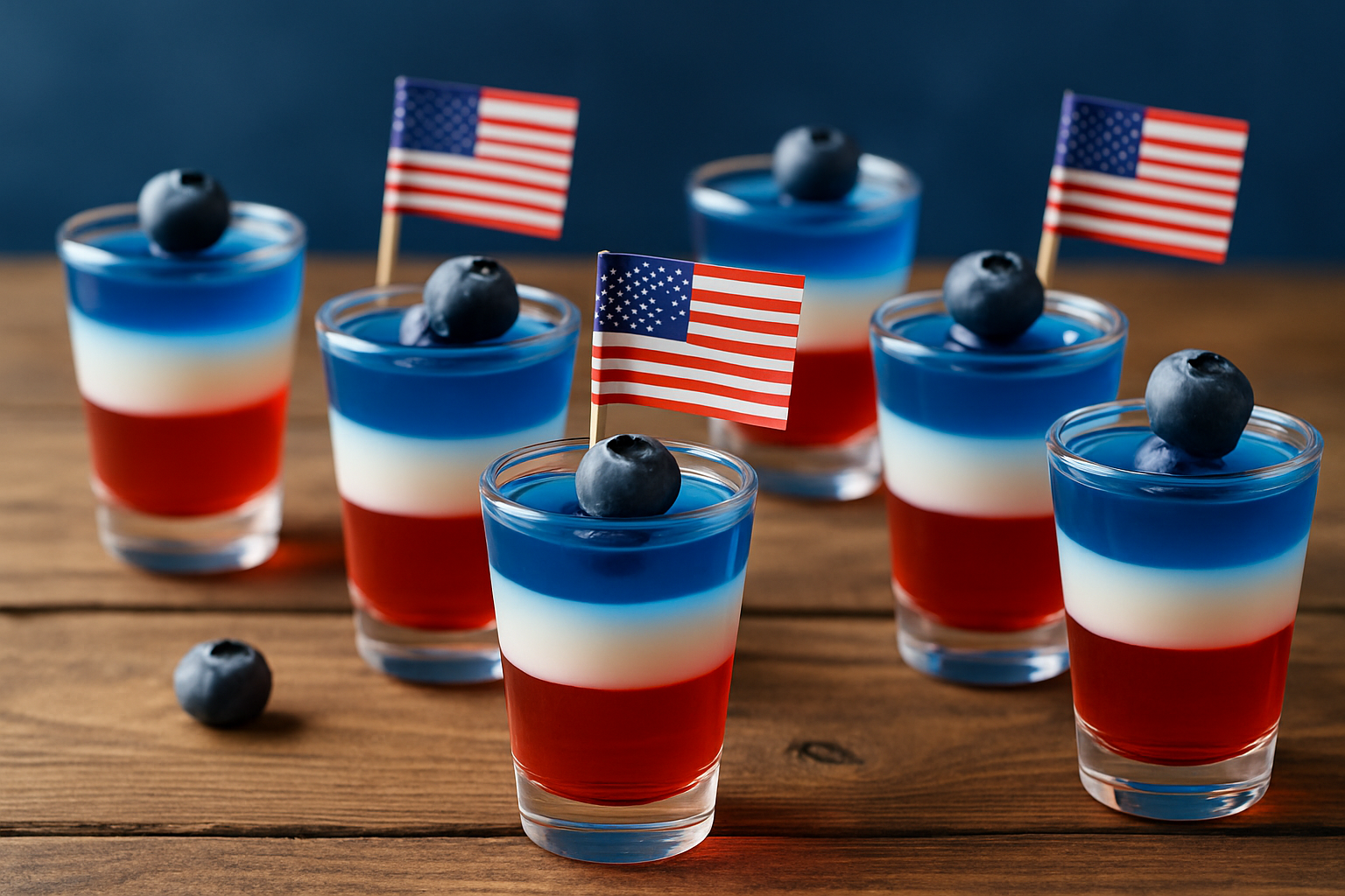 Classic red, white, and blue layered patriotic jello shots garnished with fresh blueberries and miniature flags