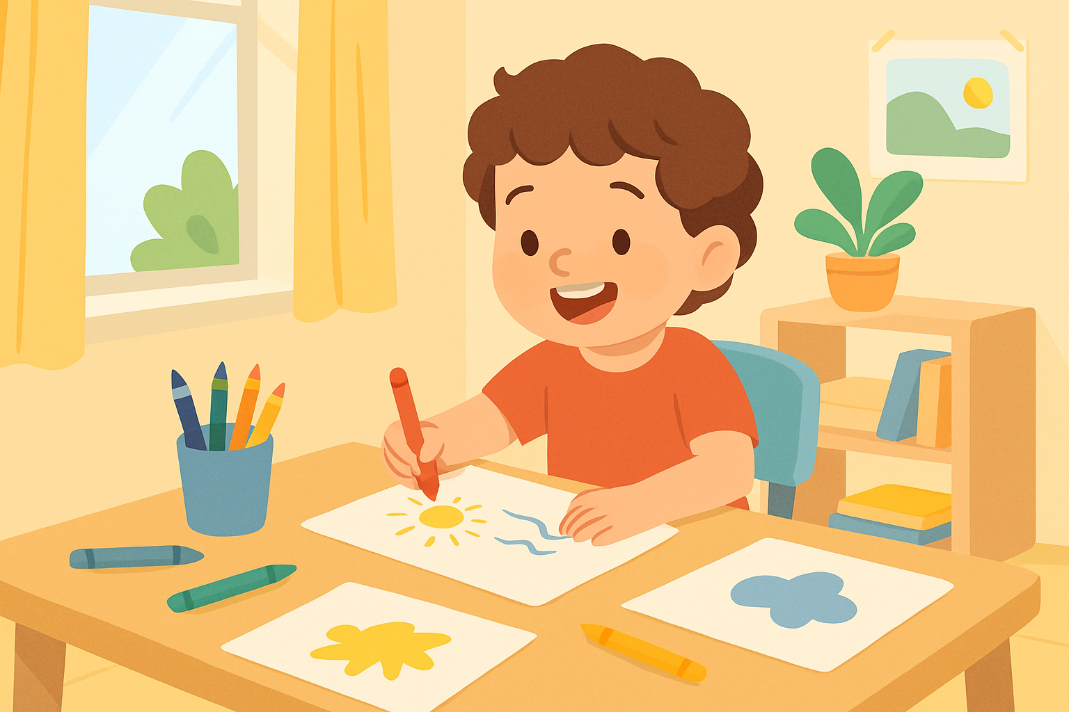 A young child engaging creatively with primary pencils in a bright, inviting creative space.
