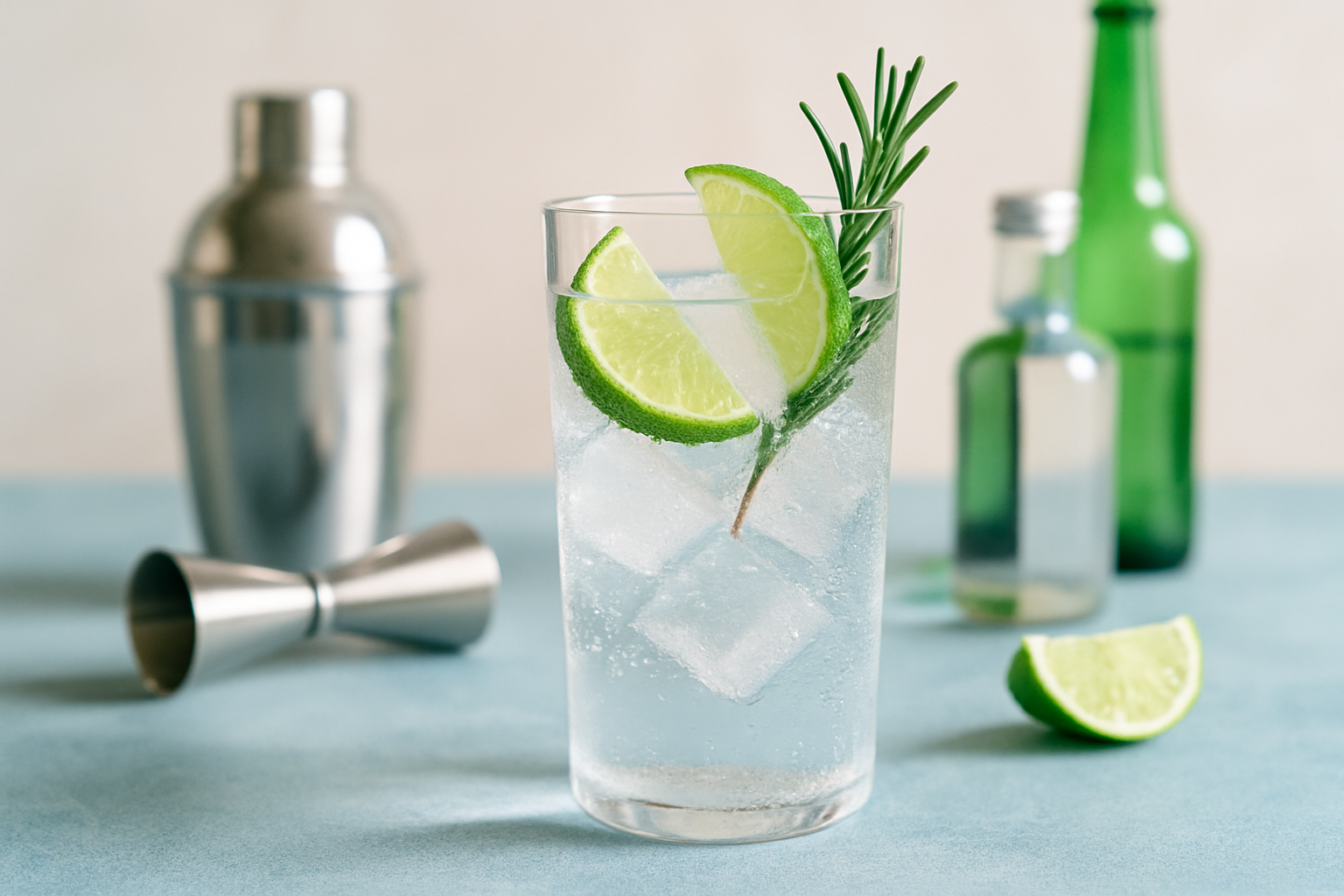 Visual diagram showing a well-prepared gin and tonic highlighting key elements: garnish, ice type, ratio, and glassware