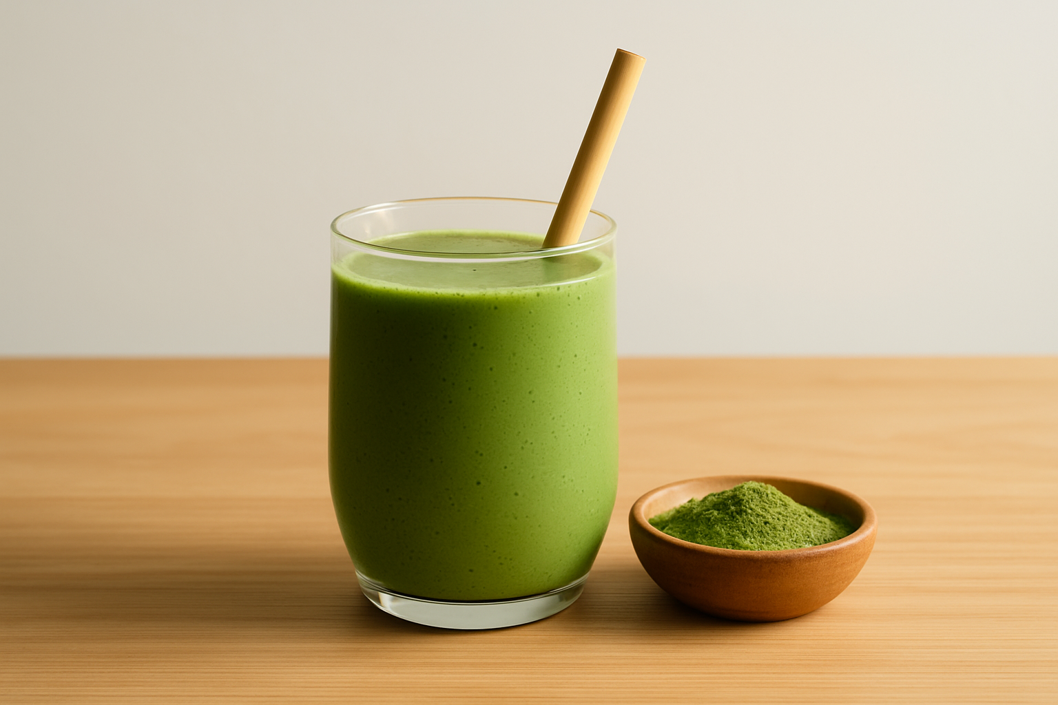 A vibrant protein matcha smoothie freshly blended and ready to enjoy.
