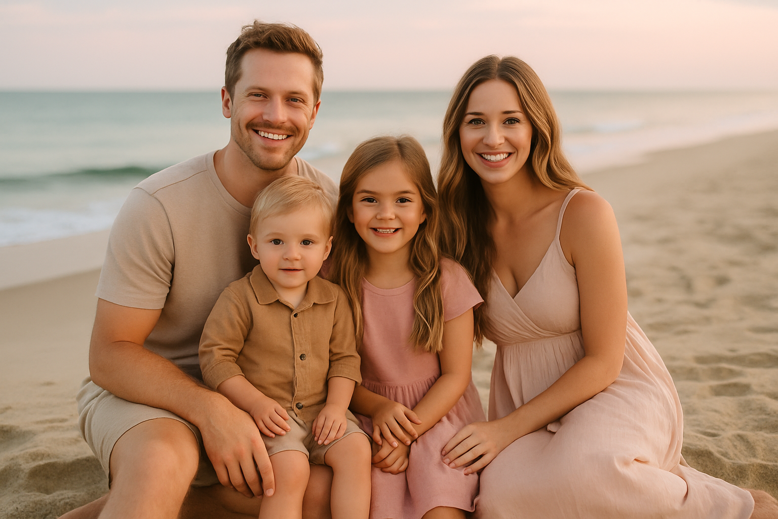 A family wearing natural, coordinated clothing poses relaxed on a sandy beach during golden hour.