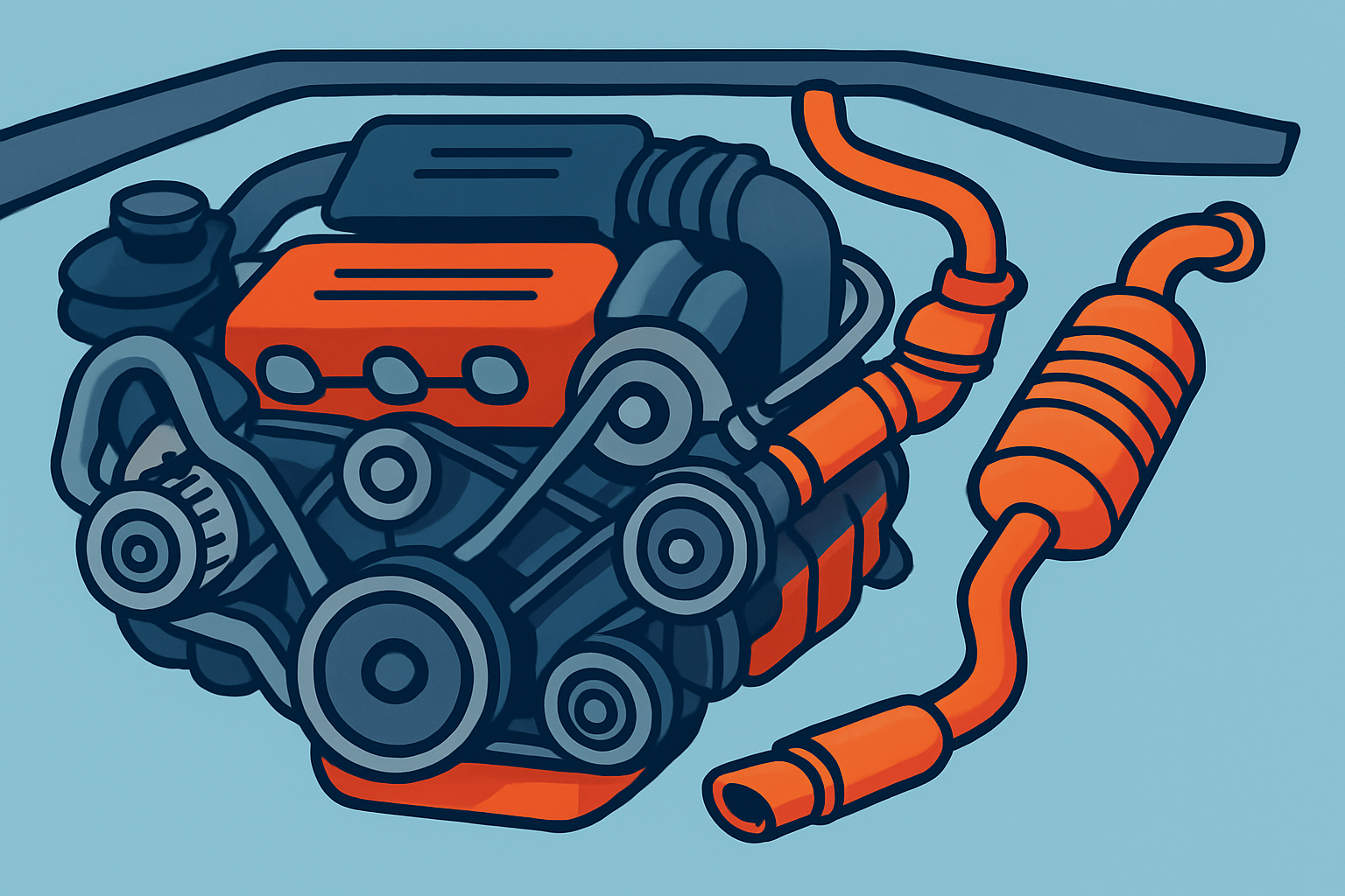Illustration of key engine parts commonly linked to increased noise — exhaust system, belts, muffler, and air filter.