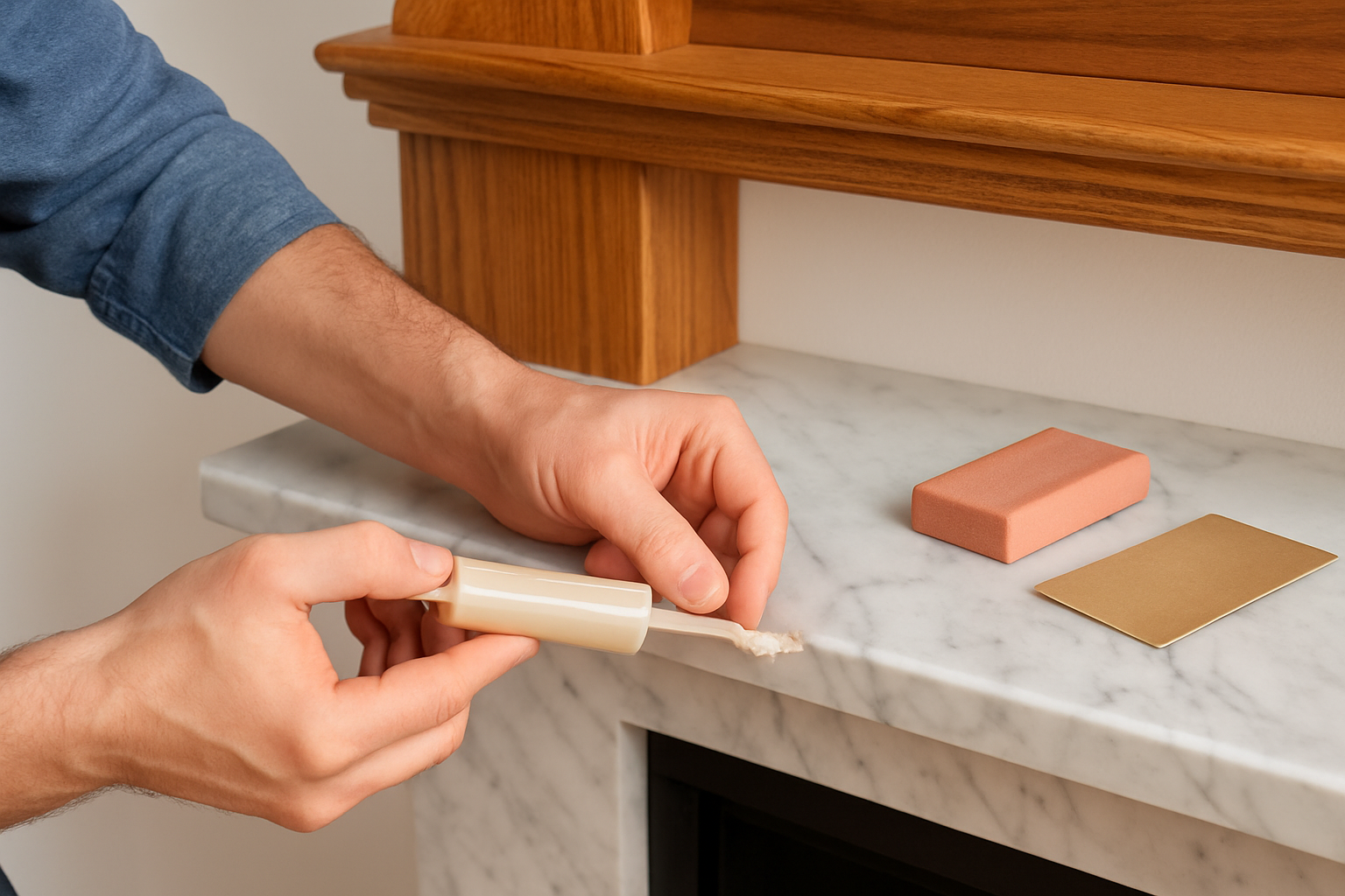 Step-by-step visual guide showing the repair process on a marble fireplace chip by a wood mantel.