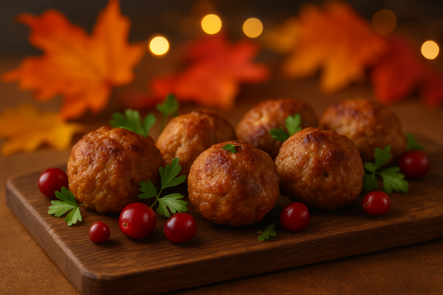 Perfectly cooked Thanksgiving meatballs served on a wooden board with festive garnishes, ready to enjoy.