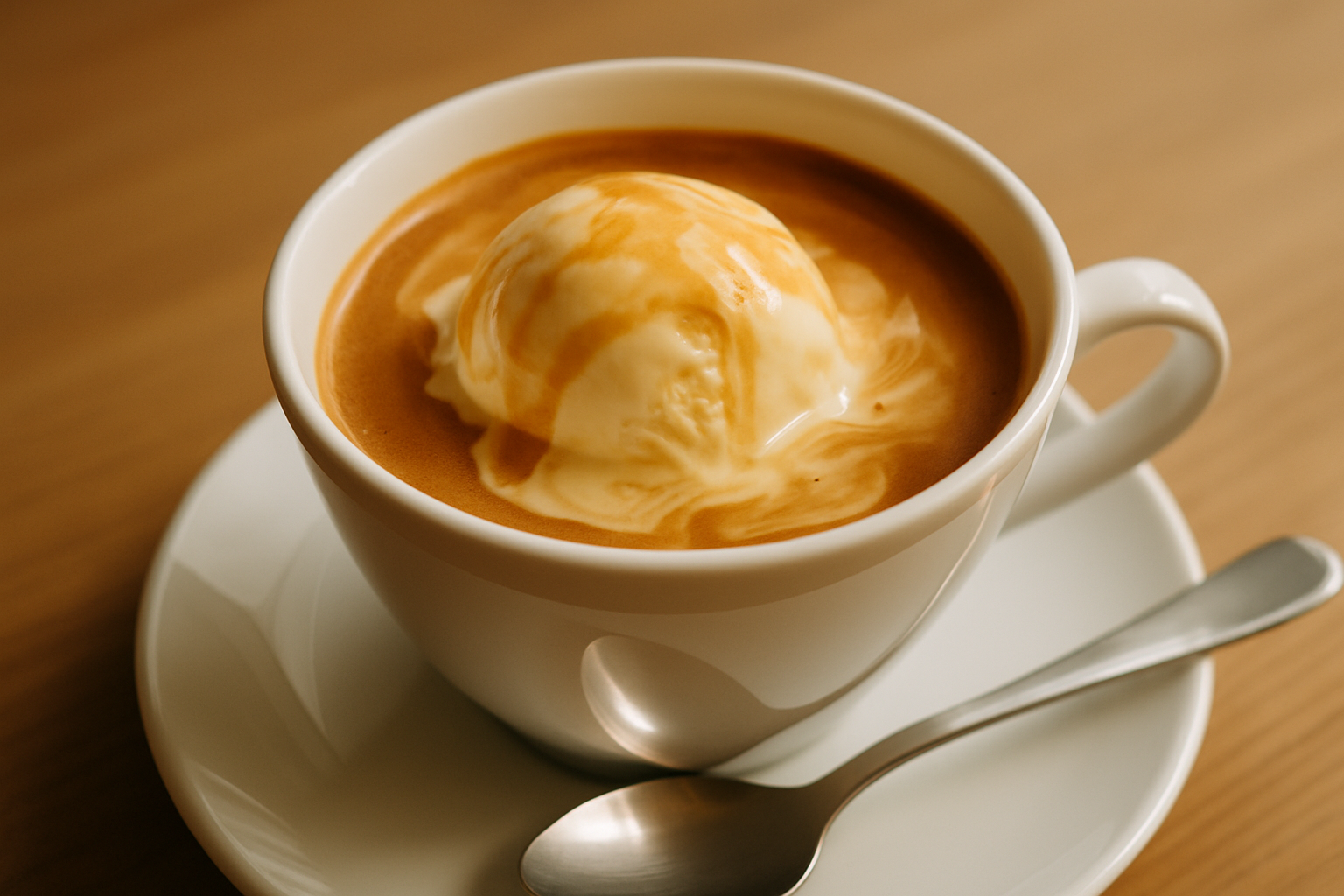 A classic affogato coffee cup showcasing its wide rim and ergonomic handle, filled with espresso and melting ice cream.