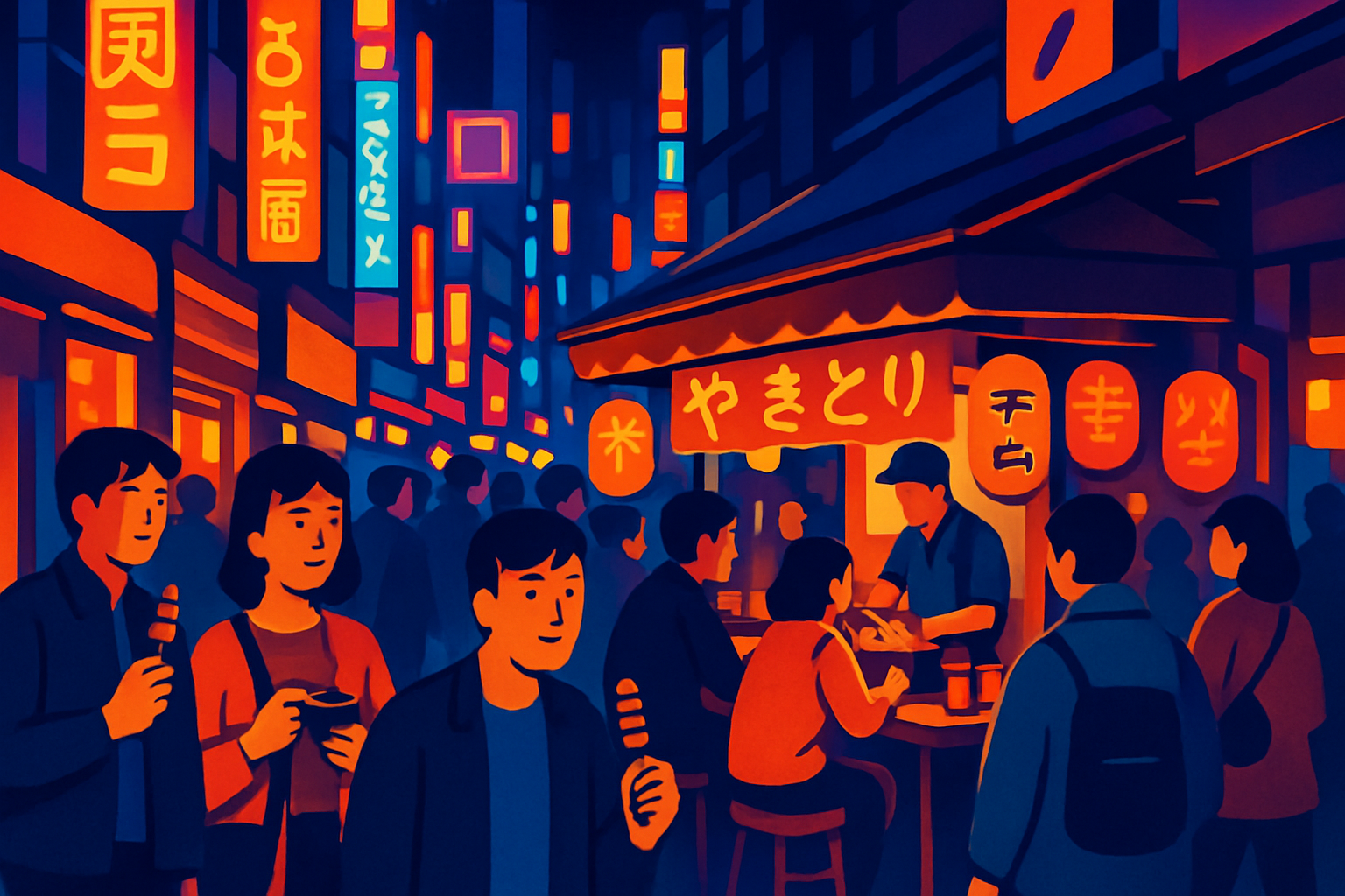 Shinjuku’s lively food alleys illuminated by neon lights, teeming with locals savoring diverse Japanese dishes.