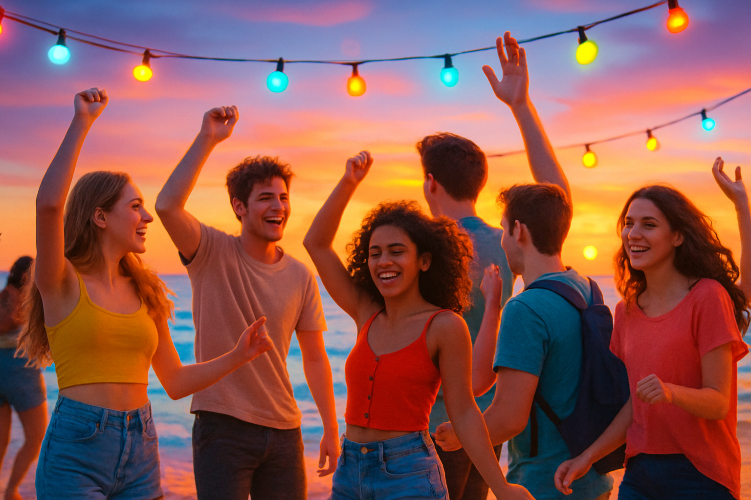 Beach Week party scene with young adults enjoying music and beach activities at sunset