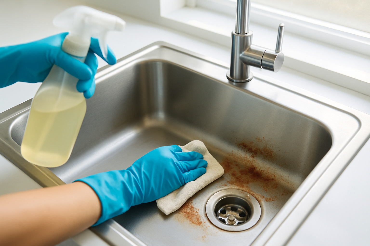 Applying natural rust remover gently on a stainless steel sink to avoid scratches.