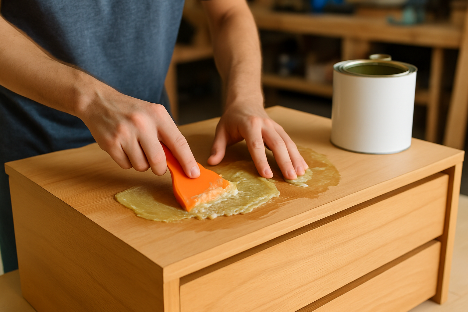 Carefully removing old finish from a veneer dresser using chemical stripper and plastic scraper