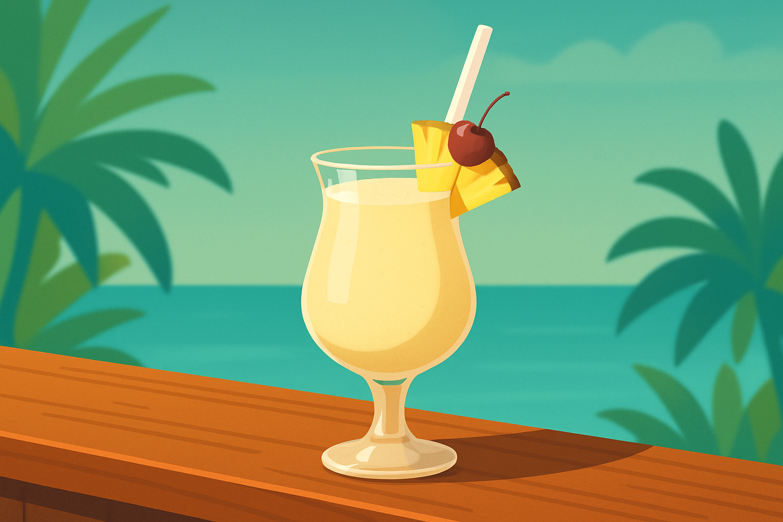 A freshly prepared traditional piña colada garnished with pineapple and cherry, ready to be enjoyed.