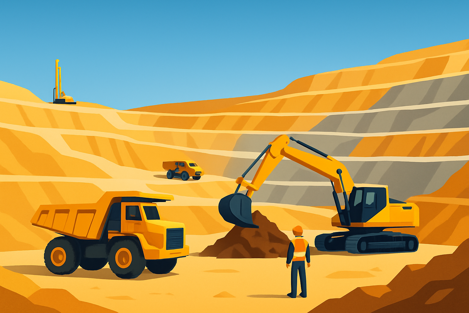 Modern mining operations extracting gold and silver from open-pit mines using heavy machinery