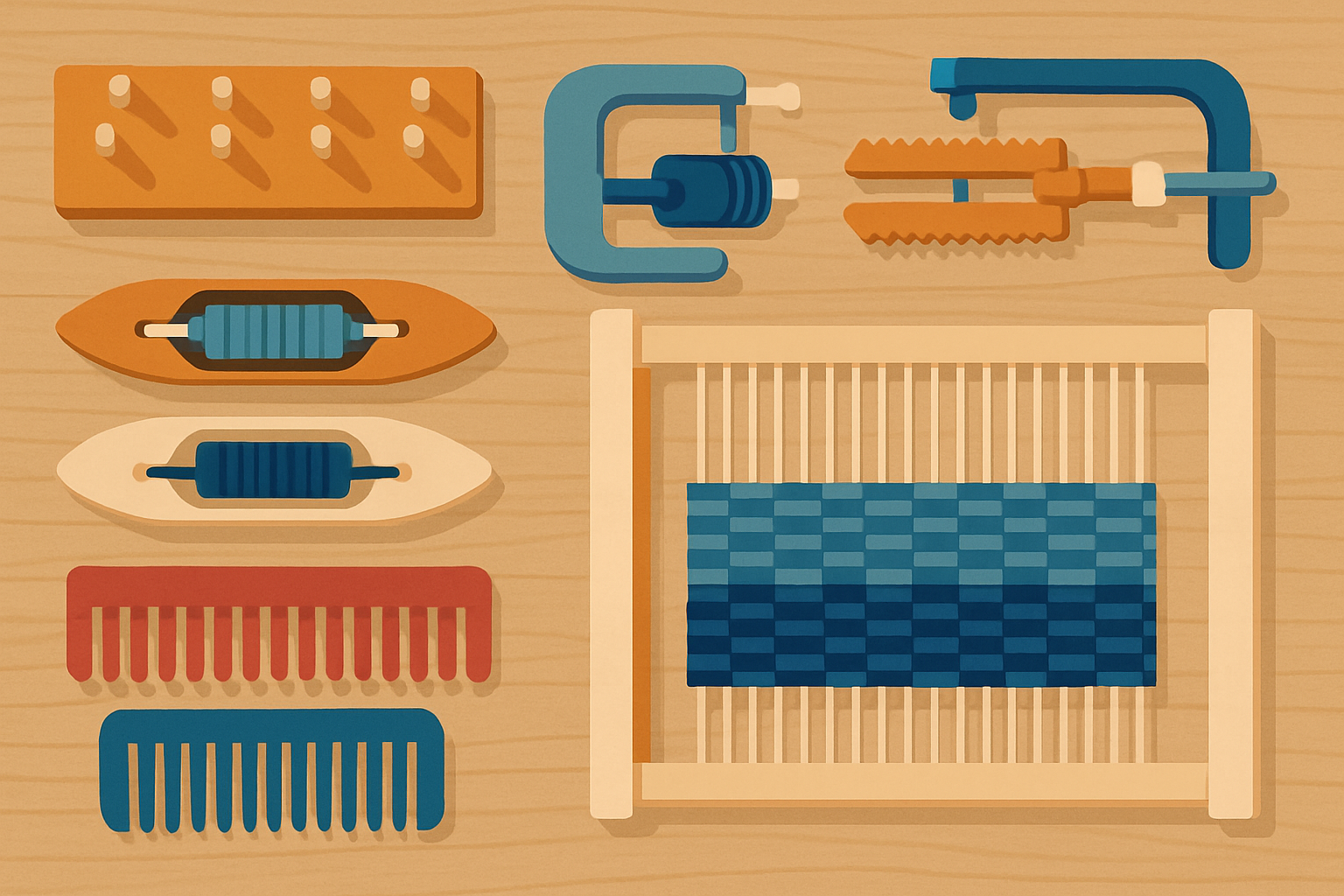 An assortment of advanced weaving tools laid out on a wooden table, illustrating options beyond basic weaving equipment.