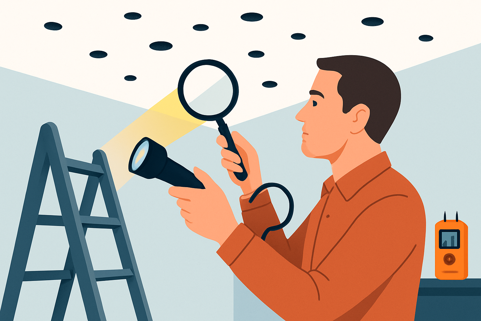A homeowner carefully inspecting small round holes in a ceiling using a flashlight and magnifying glass as part of a troubleshooting process.