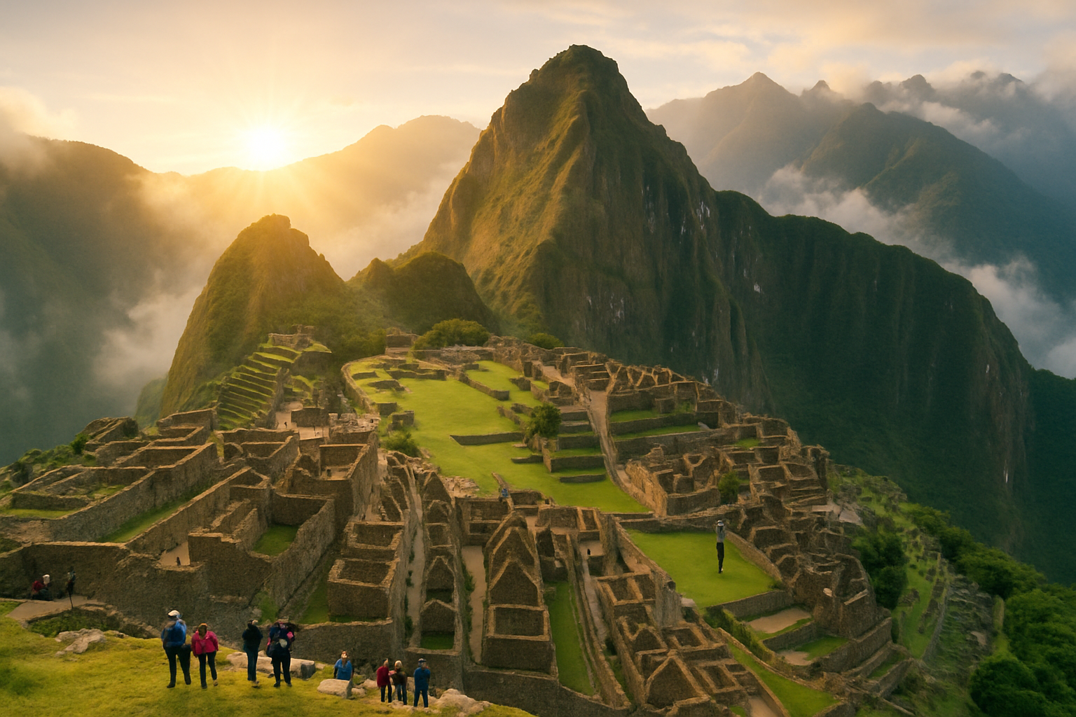 Sunrise over Machu Picchu showcasing the ancient citadel and surrounding Andean peaks